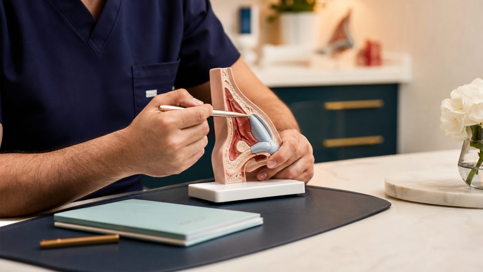 A board-certified surgeon consulting a patient